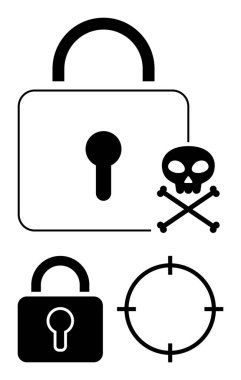 Büyük asma kilit, daha küçük asma kilit, çapraz kemikli kafatası ve çapraz far. Siber güvenlik, veri koruması, çevrimiçi mahremiyet, tehdit, erişim kontrolü İnternet güvenliği ve risk yönetimi için ideal