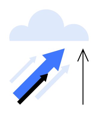 Mavi ve siyah oklar mavi bir buluta doğru yükselirler, bu da büyümeyi, ilerlemeyi ve yukarı doğru momentumu simgeler. Ticari büyüme, başarı, bulut hesaplama, veri analizi, teknoloji ilerlemesi için ideal