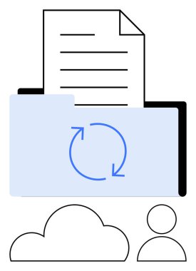 Senkronizasyon okları, bulut depolama ve kullanıcı simgesi içeren açık klasörün içindeki belge. Bulut depolama, dosya paylaşımı, belge yönetimi, iş akışı, işbirliği, çevrimiçi paylaşım için ideal