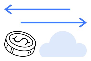 Bulut şeklinin yanında dolar işareti ve zıt yönlere bakan mavi oklar. Finansal teknoloji, çevrimiçi bankacılık, bulut hizmetleri, veri alışverişi, e-ticaret, dijital