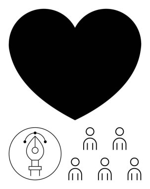 Büyük kalp aşkı simgeler. Çemberin içindeki kalem aracı yaratıcılığı temsil ediyor. Altı insan ikonu topluluğu işaret ediyor. Sanat takım çalışması, aşk, destek, işbirliği, yaratıcılık ve birlik için ideal. Satır metaforu