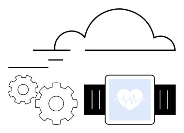 Büyük bulut, kalp atışı ikonlu akıllı seğirme ve iki vites. Sağlık teknolojisi, sağlık veri senkronizasyonu, bulut hesaplaması, akıllı aygıtlar, IoT, fitness izleme ve dijital için ideal