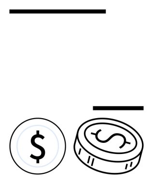 Dolar sembolleri içeren maddi paralar. Finans, bankacılık, ekonomik raporlar, yatırım rehberleri, muhasebe bütçe döviz kuru için ideal. Çizgi benzetmesi. Çizgi benzetmesi. Basit satır simgeleri