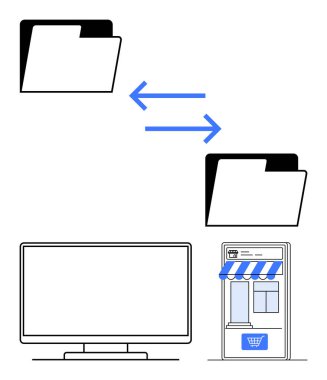 Bir bilgisayar monitörü ile çevrimiçi mağaza arasında dosya aktaran dizin simgeleri. E-ticaret için ideal, çevrimiçi işlemler, dijital iletişim, belge paylaşımı, bulut depolama, uzaktan çalışma. Çizgi