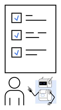 İşaretli üç kutulu kontrol listesi, minimal bir insan figürü ve belgeyi gösteren bir robot. Üretkenlik, işbirliği, teknoloji, yapay zeka, verimlilik, insan-makine için ideal