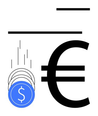 Düşen mavi paralar büyük siyah Euro sembolüne dönüşüyor. Finans, uluslararası ticaret, para birimi dönüşümü, ekonomi, bankacılık, yatırım ve küresel pazarlar için idealdir. Satır metaforu