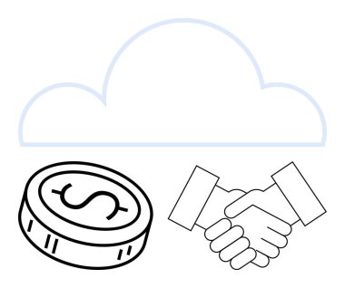 Cloud shape, dollar coin, handshake symbolizing digital business transactions, and partnerships. Ideal for business, finance, technology, collaboration, cloud computing digital economy startups clipart