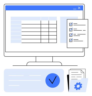 Hesap tablosu olan bilgisayar ekranı, tamamlanmış kontrol listeleri, teçhizat ve belgeler. Proje yönetimi, üretkenlik, organizasyon, ofis araçları, iş akışı, zaman yönetimi görev takibi için ideal
