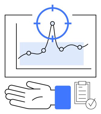 Artan bir çizgi, hedef sembolü, el hareketi ve veri analizlerini, hedef belirleme, strateji, izleme, ilerleme başarısı verimliliğini temsil eden kontrol listesi. İş verileri için ideal