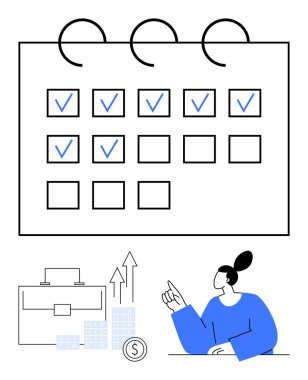 İşaretli takvim, işaretli tarihler, büyümeyi gösteren grafikler, iş çantası ve yukarı bakan iş kadını. Planlama stratejileri, üretkenlik, iş büyümesi ve zaman için ideal