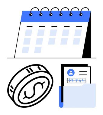Tarihli takvim, dolar parası ve kişisel profil ve çizelgesi olan belge klasörü. İş planlaması, kişisel finansman, ofis yönetimi, planlama, yatırımlar, insan kaynakları için ideal