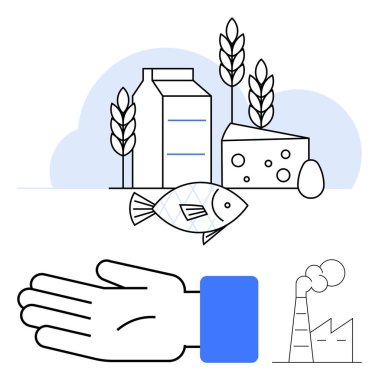 Süt kutusu, peynir, buğday, balık, yumurta yiyeceği simgeler. El, fabrika endüstriyi simgeler. Tarımsal çevre sürdürülebilirliği için ideal gıda üretim kirliliği dengesi. Satır metaforu