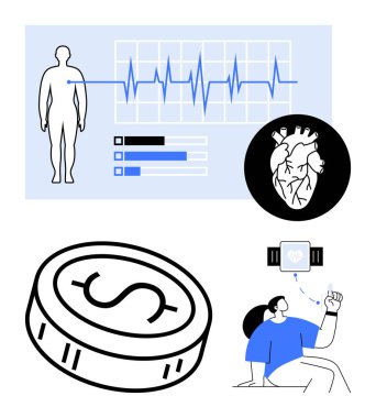 Giyilebilir cihaz, kalp çizelgesi, kalp çizelgesi, madeni para ile sağlık istatistiklerini takip eden kişi. Sağlık teknolojisi, fitness, teletıp, giyilebilir cihazlar, sağlık hizmetleri dijital sağlık giderleri için ideal