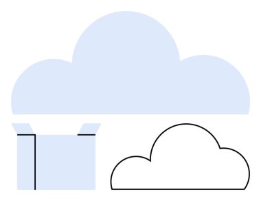 Açık karton kutunun üstündeki mavi bulut, siyah çizgili bulutun yanında. Bulut bilgisayarı, veri depolama, dijital organizasyon, çevrimiçi hizmetler, teknoloji endüstrisi, sanal sunucular ve ağ için ideal