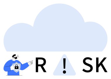 Risk uyarısına işaret eden kişi, büyük bulut arkaplanı, ünlem üçgeni. Siber güvenlik, bulut hizmetleri, bilişim güvenliği, veri koruması, risk yönetimi, kurumsal eğitim dijital tehditleri için ideal