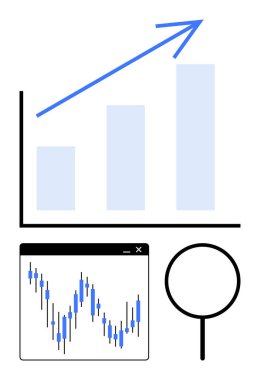 Yükselen oklu çubuk grafik, borsa şamdan grafiği, veri analizi için büyüteç. İş, finans, yatırım, büyüme stratejileri, pazar eğilimleri, veri incelemesi için ideal