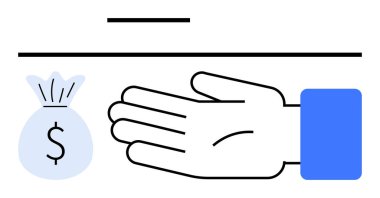 Uzatılmış el, dolar sembollü para çantası, yatay çizgi. Finans, ödeme, tasarruf, hayır işi, bağış işlemi teması için idealdir. Satır metaforu