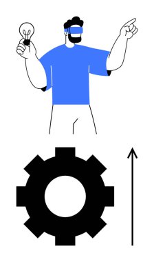 Sanal gerçeklik kulaklığı olan bir adam ampulü tutar ve ileri doğru tutar. Yukarı ok ile aşağı vites. Yenilik teknolojisi, ilerleme, gelecekteki vizyon, yaratıcılık, liderlik, büyüme için ideal. Çizgi