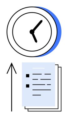 Belgelerin üzerinde iki tonlu tasarım ve yükselen bir ok olan bir saat. Üretkenlik, zaman yönetimi, teslim tarihleri, verimlilik, işyeri organizasyonu, programlama, iş stratejisi için idealdir. Satır metaforu