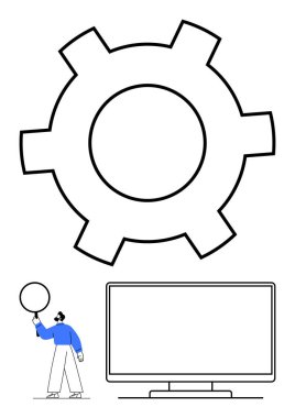 Elinde boş konuşma balonu, büyük vites simgesi ve bilgisayar monitörü olan biri var. Teknoloji kavramları, dijital dönüşüm, üretkenlik temaları, yazılım geliştirme, beyin fırtınası için ideal