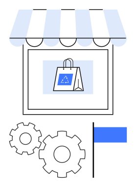 Çizgili tente, kese kağıdı, iki vites, bir hedefi temsil eden mavi bayrak. E-ticaret, sürdürülebilirlik, iş, ayarlar, perakende, geri dönüşüm için ideal