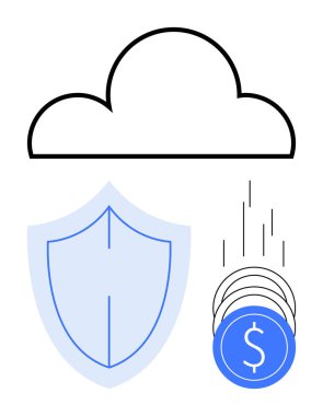 Kalkanlı ve bozuk paralı bulut veri korumasını sembolize eder ve bulut hesaplamasında maliyet tasarrufu sağlar. Siber güvenlik, bulut hizmetleri, mali tasarruflar, dijital güvenlik ve teknoloji için ideal