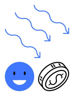 Gülümseyen yüz ve üç oklu bozuk para. Finans, başarı, yatırım, ekonomi, borsa, olumlu sonuçlar, iş büyümesi için idealdir. Satır metaforu