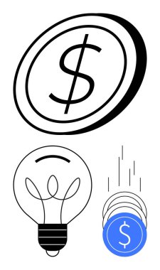 Dolar işaretli büyük para, bir ampul ve düşen paralar. Finansal planlama, yatırım stratejileri, yenilik, yaratıcılık, girişimcilik tasarruf etmek için idealdir. Satır metaforu