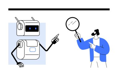 Robot, ayrıntıları inceleyen bir adamın tuttuğu büyüteçlere bakıyor. Teknoloji, işbirliği, yenilik, yapay zeka, araştırma, analiz, takım çalışması için ideal. Satır metaforu