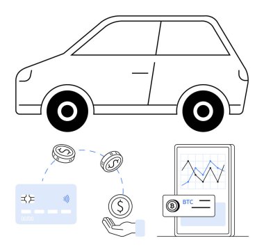 Araba, el ele tutuşan bozuk paralar, kredi kartı ve şifreli para şemasını gösteren akıllı telefon. Finans, teknoloji, dijital işlemler, e-ticaret, mobil bankacılık otomotiv endüstrisi ve yatırım için ideal