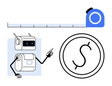 Robot mezura ve dolar işaretini işaret ediyor. Teknoloji, ölçüm, maliyet, otomasyon, verimlilik, finans ve ekonomi için ideal. Satır metaforu