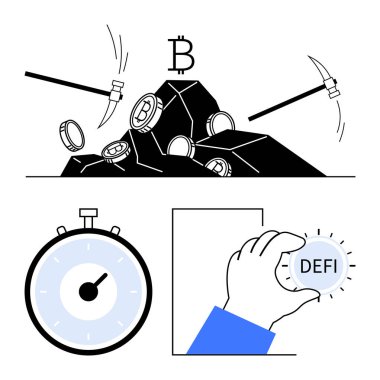 Kazmalar Bitcoin madenciliği bir kronometre simgesi ve DEFI 'ı tutan bir el. Kripto para birimi, engelleme teknolojisi, DeFi, dijital finans, zaman yönetimi, yatırım, madencilik işlemleri temaları için ideal. Çizgi