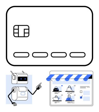 Kredi kartı ikonu, robot asistanı, mağaza önlü e-ticaret platformu. Çevrimiçi ödeme, kredi işlemleri, otomatik alışveriş, dijital cüzdan, e-ticaret, yapay zeka yardımı için ideal