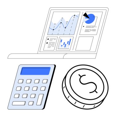 Önplanda hesap makinesi ve bozuk para ile grafikleri, grafikleri ve veri analizlerini gösteren dizüstü bilgisayar. Finans, ekonomi, bütçe, muhasebe, yatırım sektörü ve vergi planlaması için ideal