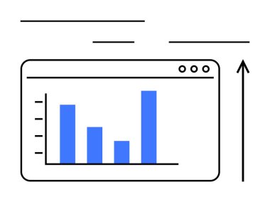 Yukarı doğru eğilimleri gösteren çerçeveli ekranda yükselen mavi çubuklu çubuk çizelgesi. Yukarı doğru siyah ok. Ticari ilerleme, veri analizi, büyüme, finans, istatistik ve tahmin için ideal. Çizgi