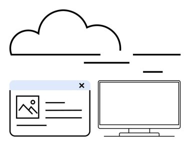 Üç yatay çizgili bulut simgesi, bir resim, metin ve bilgisayar monitörünü gösteren web tarayıcı penceresi. Bulut hesaplama, veri depolama, web geliştirme, ağ oluşturma, bilişim hizmetleri, dijital