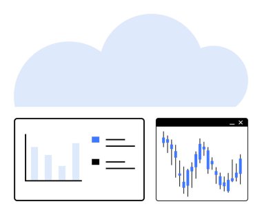 Veri analizi yapan bar çizelgesi ve çizgi çizelgesine sahip bulut. Bulut hesaplama, veri analizi, iş ölçümleri, finansal içgörüler, teknoloji dersleri, büyük veriler, piyasa araştırmaları için ideal