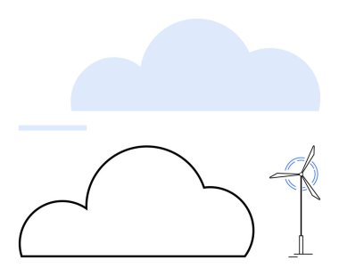 Wind turbine generating energy against backdrop of outlined and filled clouds. Ideal for sustainability, renewable energy, environment, clean power, green technology, climate action, eco-friendly clipart