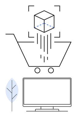 Alışveriş arabasına dijital küp ekleniyor, aşağıda bilgisayar monitörü, sol tarafta mavi yaprak. E-ticaret, çevrimiçi alışveriş, dijital alışverişler, ürün görselleştirme, ekommerce platformu, perakende satış için ideal