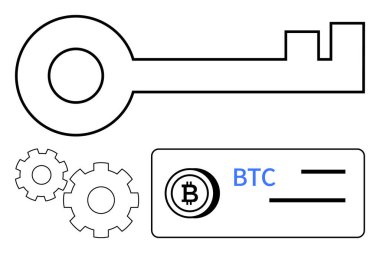 İki dişlinin yanında büyük anahtar ve Bitcoin cüzdan sembolü. Kripto para birimi, siber güvenlik, engelleme teknolojisi, dijital finans, veri şifreleme, fintech çözümler ve geleceğin teknolojisi için ideal. Satır metaforu
