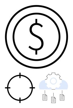 İki eş merkezli dairenin içindeki dolar sembolü, hedef simge, bulutlu teçhizat ve asılı belgeler. Mali planlama, iş stratejisi, hedef belirleme, veri yönetimi, bulut depolama için ideal