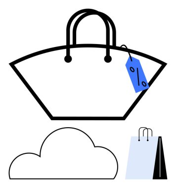 Üzerinde mavi indirimli etiket, bulut ve mavi kese kağıdı olan alışveriş torbası. Perakende satış, online alışveriş, indirimler, e-ticaret, pazarlama reklamları grafik tasarımı için ideal. Satır metaforu