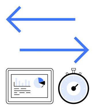 İki mavi ok, grafikleri ve kronometreyi gösteren bir tablet ve bir kronometre. Veri analizi, zaman yönetimi, üretkenlik, teknoloji, iş stratejisi, proje planlaması, verimlilik için ideal