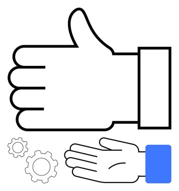 Baş parmaklar yukarı, el sıkışma, ve vitesler anlaşmayı sembolize eder, işbirliği, mekanik, endüstri, takım çalışması, ve başarı. Onay konseptleri için ideal işbirliği mühendisliği ve hedef