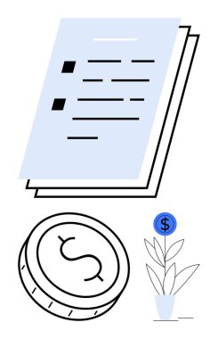 Kontrol listeli bir yığın belge dolar işaretli büyük para ve dolar işaretli bir bitki. Mali raporlar, yatırım stratejileri, ekonomik planlama, iş büyümesi ve bütçe