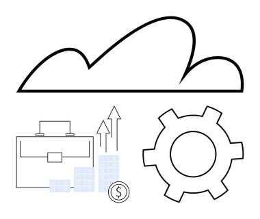 Çantanın üstündeki bulut deposu, büyüme çizelgeleri, bozuk para yığını ve teçhizat. İş büyümesi, finans, bulut depolama, veri analizi teknoloji yatırımı ve operasyonel mekanik için ideal. Satır metaforu