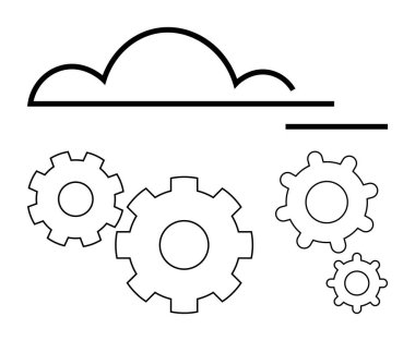 Basitleştirilmiş teçhizat ve bulut simgeleri. Bulut hesaplama, veri entegrasyonu, teknik süreçler, sistem optimizasyonu, bilişim altyapısı, modern teknoloji, işbirlikçi araçlar için idealdir. Satır metaforu