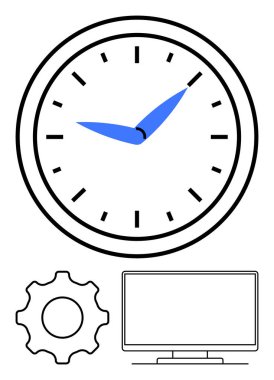 Saati gösteren duvar saati, ayarları temsil eden ekipman ve iş görevlerini sembolize eden bir bilgisayar monitörü. Zaman yönetimi, verimlilik, proje planlaması, işyeri verimliliği, teknik destek için ideal