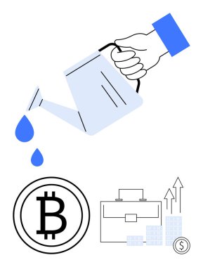 Sulama kutusundan gelen suyu Bitcoin sembolüne döküyor. Finansal büyüme grafiği, evrak çantası ve bozuk paralarla birlikte. Yatırım, kripto para birimi, mali büyüme, tasarruf ve ekonomik kalkınma için ideal