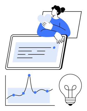 Kalp tabletli kişi veri noktaları ve ampullü metin grafiği gösteriyor. Teknoloji, analitik, yenilik, bağlantı, yaratıcılık, iletişim, problem çözme için idealdir. Satır metaforu